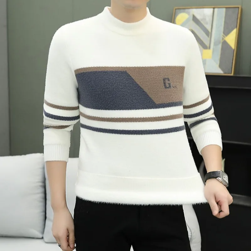 Winter Add Velvet Thick Men's Sweater Color Blocked Striped Jacquard Knitted Pullovers Crew Neck Sweaters Social Men Clothing