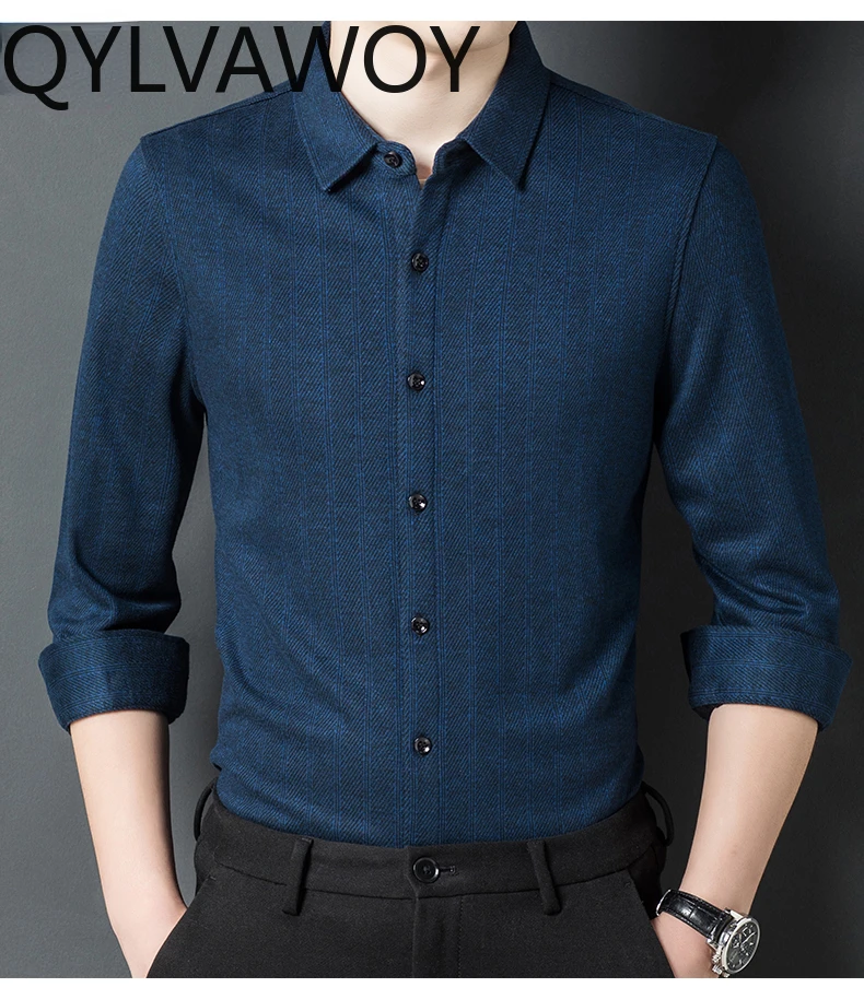 QYLVAWOY 100% Cashmere Shirt for Men Clothing Autumn Winter Mens Shirts Business Casual Long Sleeve Top 2024 Chemise Homme