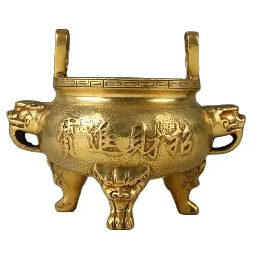 Chinese Exquisite Brass Three Foot Incense Burner W QianLong Mark