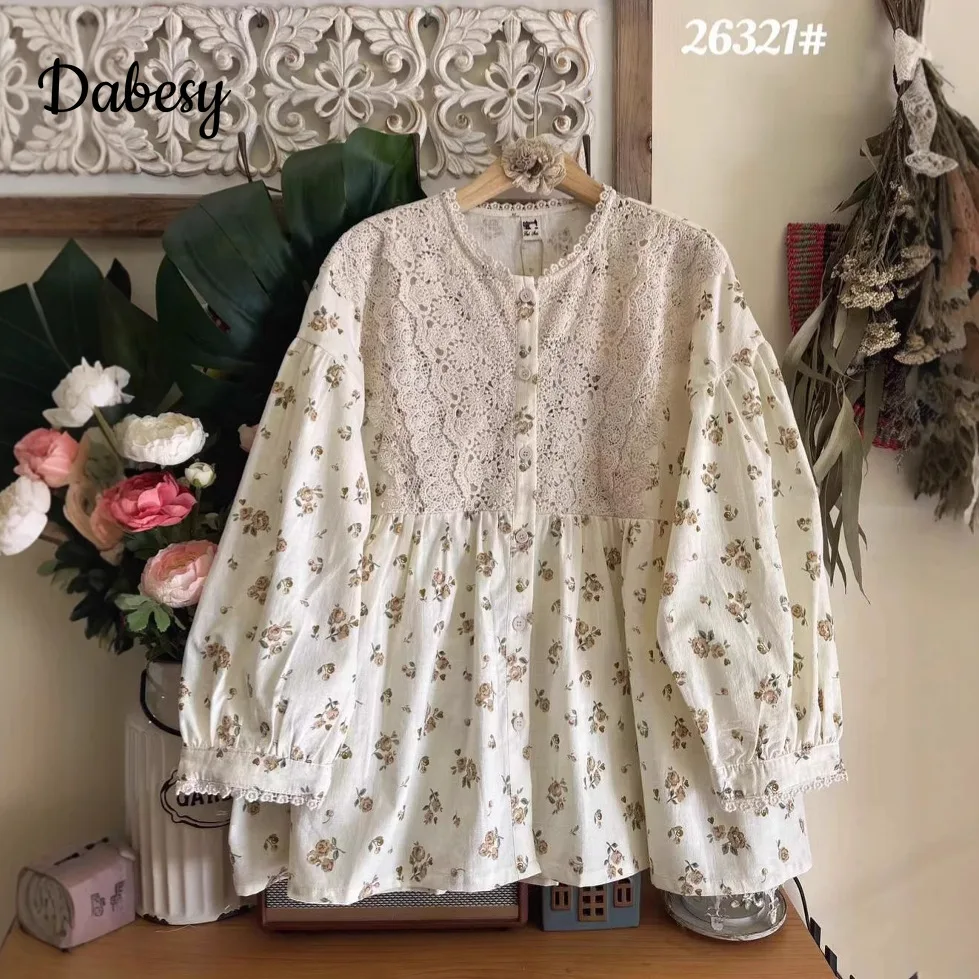 

Mori Girl Flower Shirts for Women Japanese Lace Patchwork Long Sleeve Cotton Blouses Autumn Vintage Single Breasted Loose Tops