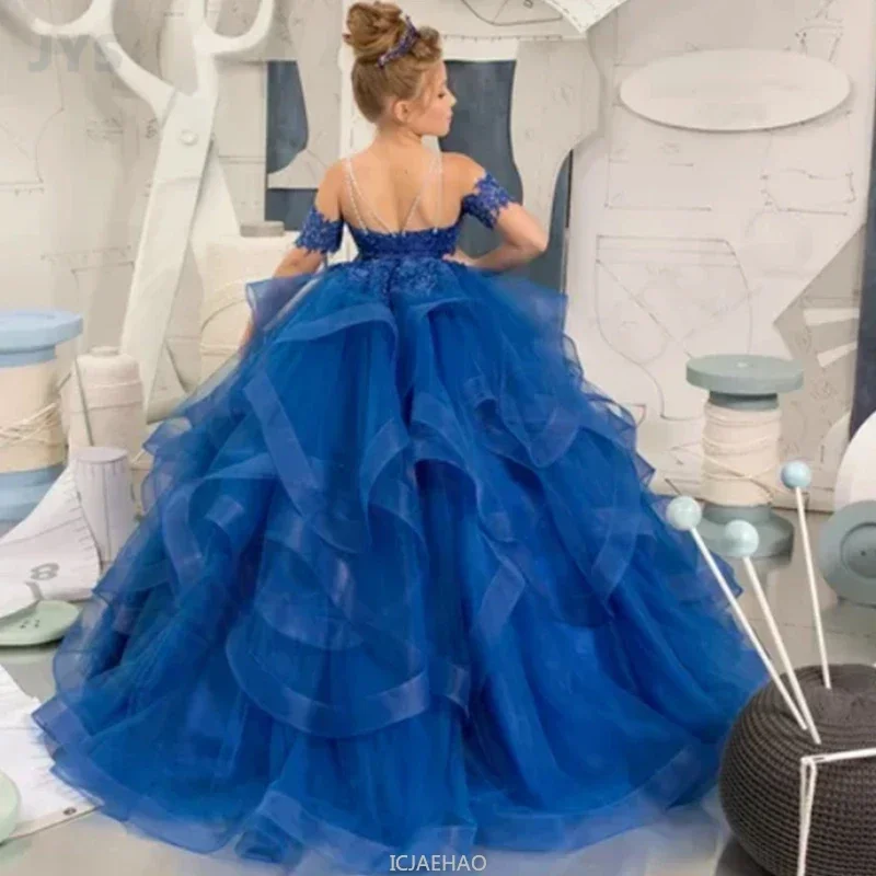 فستان الحفلات مزين بالزهور فساتين زفاف عيد الميلاد أول مناولة ثوب فتاة فستان أطفال الكرة ثوب تول قبالة الكتف الأطفال