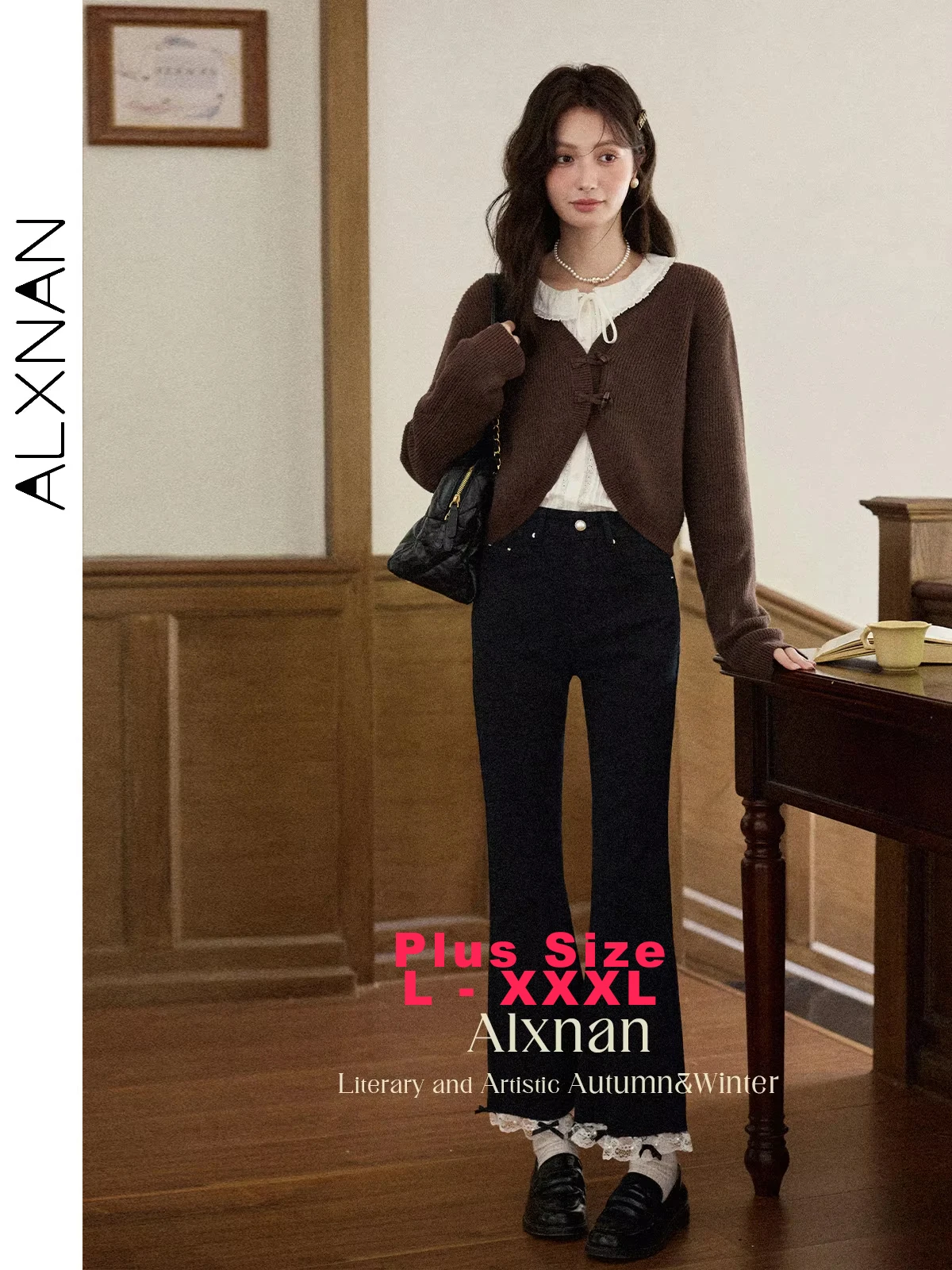 ALXNAN Plue Size Black Jeans Lace Stitching Casual Straight Cotton Women's Denim Pants 2026 Autumn Office Lady Trousers D12618