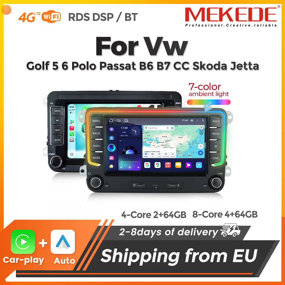 MEKEDE 7” Kabelloses CarPlay Android Autoradio für Volkswagen Universal VW Golf Passat Jetta CC Polo Skoda Seat – Intelligentes Autosystem Ohne 2-DIN GPS Autoradio Kostenlose AHD-Kamera MIC