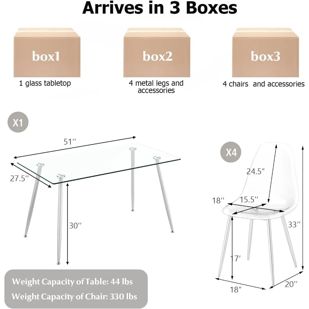 Eettafelset voor 4 personen, moderne keukentafel en stoelen, glazen tafel en stoelen set van 4 voor kleine woonkamer, deze keuken