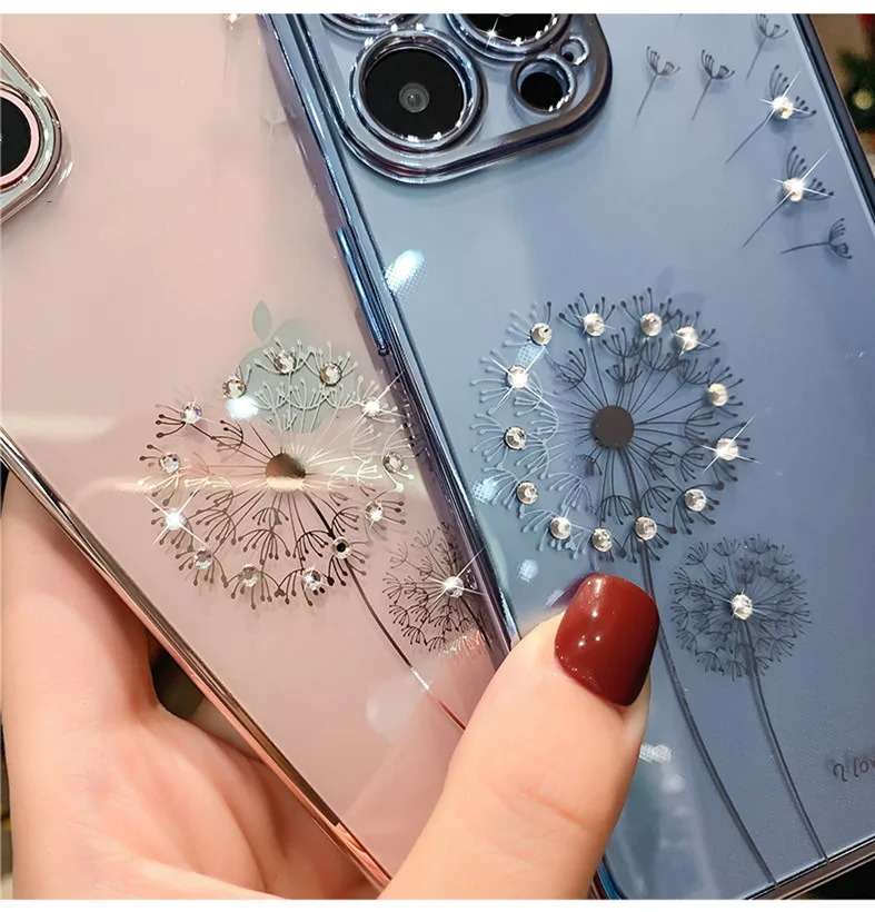 Luxury Diamond Dandelion Clear Case For iPhone 13 12 11 14 Pro Max 7 8 Plus X XR XS Carcasas Glitter Shockproof Soft TPU Cover