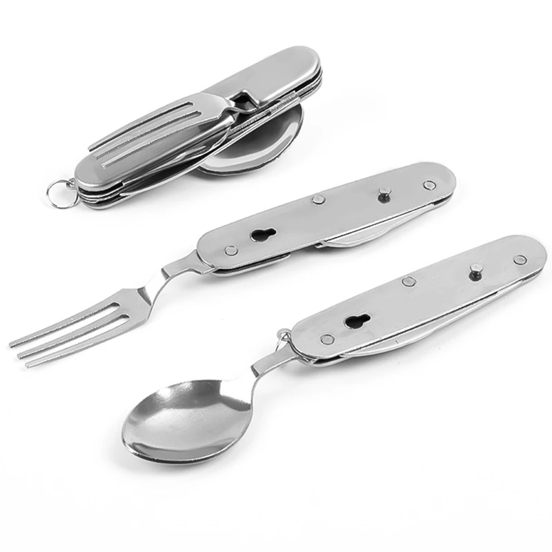 Camping Cutlery Set Stainless Steel Folding Fork Spoon Knife Opener Detachable Tableware Travel Kitchen Utensils6-in-1 Portable