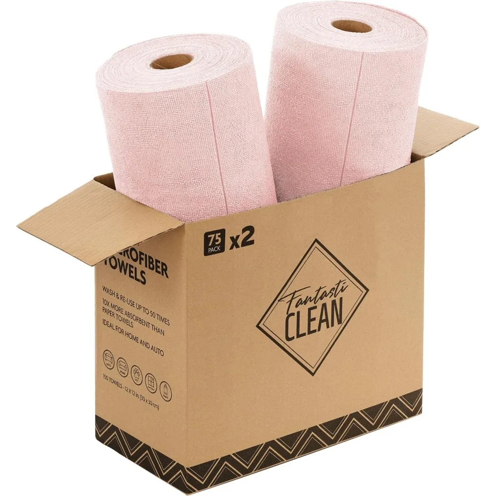 

150 Pack Tear Away Microfiber Cleaning Cloths 12x12 Reusable Washable Ultra Absorbent All Purpose Cleaning Towels Pink