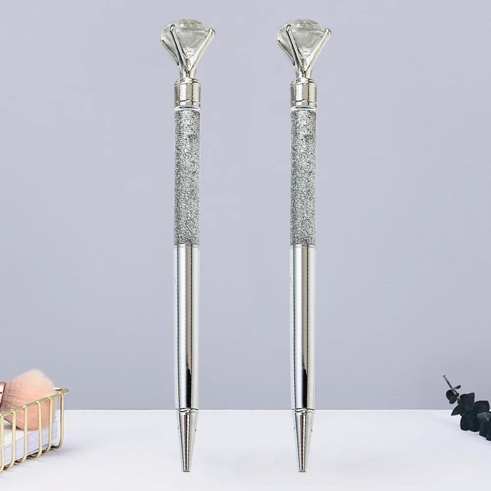

2pcs Metal Silver Sparkling Crystal Diamond Roller Ball Pen Smooth Writing Wear-Resistant For Office School Gift Ballpoint Pen