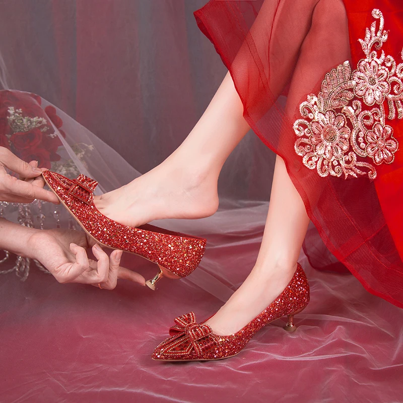 Buty ลlubne Bling Shiny Thin Heels Pumps for Women 2024 Crystal Bow High Heels Shoes Woman Fashion Glitter Wedding Party Shoes