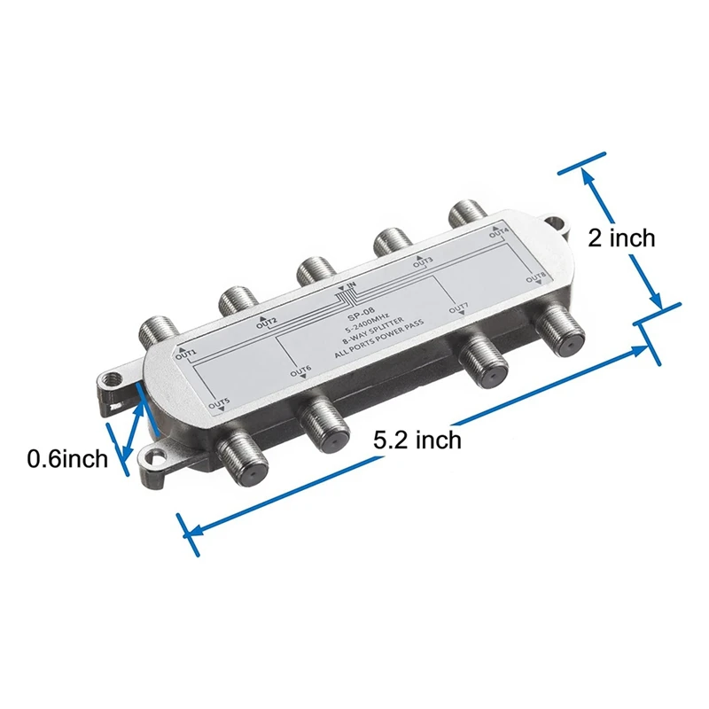 2PCS Satellite 8 Way Coaxial Cable Splitter 5-2400Mhz F Type Plug Work With Analog/Digital TV Connection And Internet