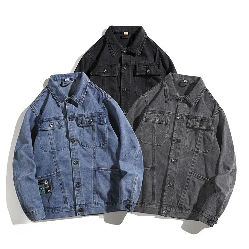

Casual Vintage Denim Jaet for Men Loose Fit Spring Autumn Wear Outerwear Windproof American High Street Workwear Sle
