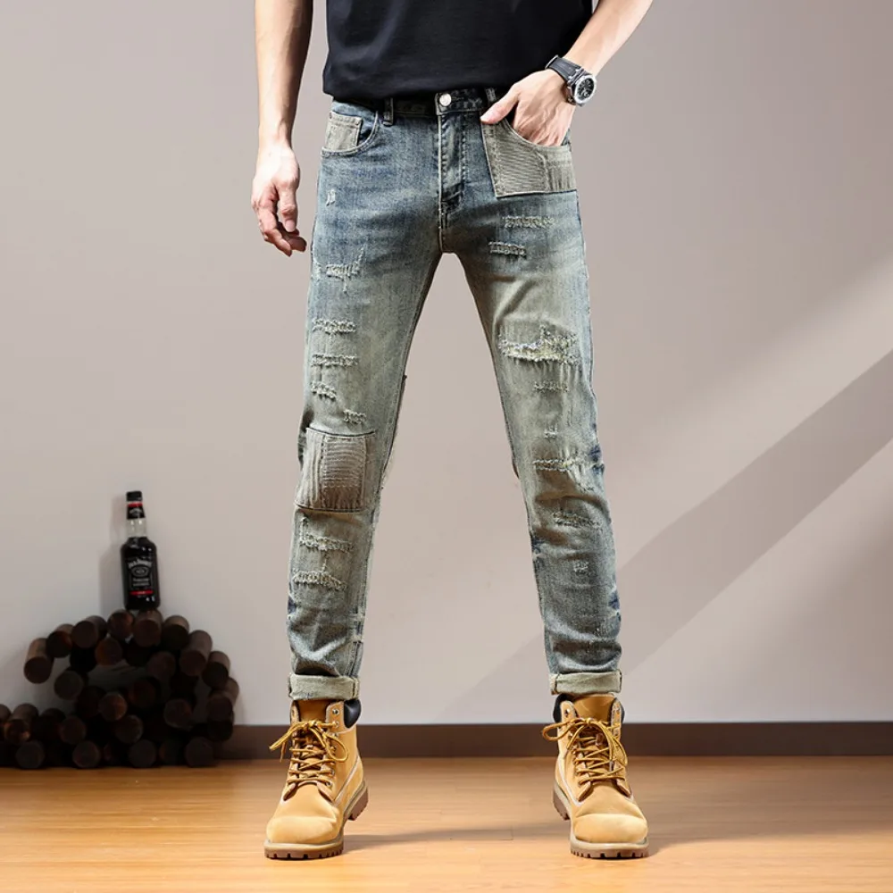 Autumn and Winter American Jeans for Men Slim Fit Small Straight Feet Retro Ripped Patch Patched Pants Skinny Jeans Men