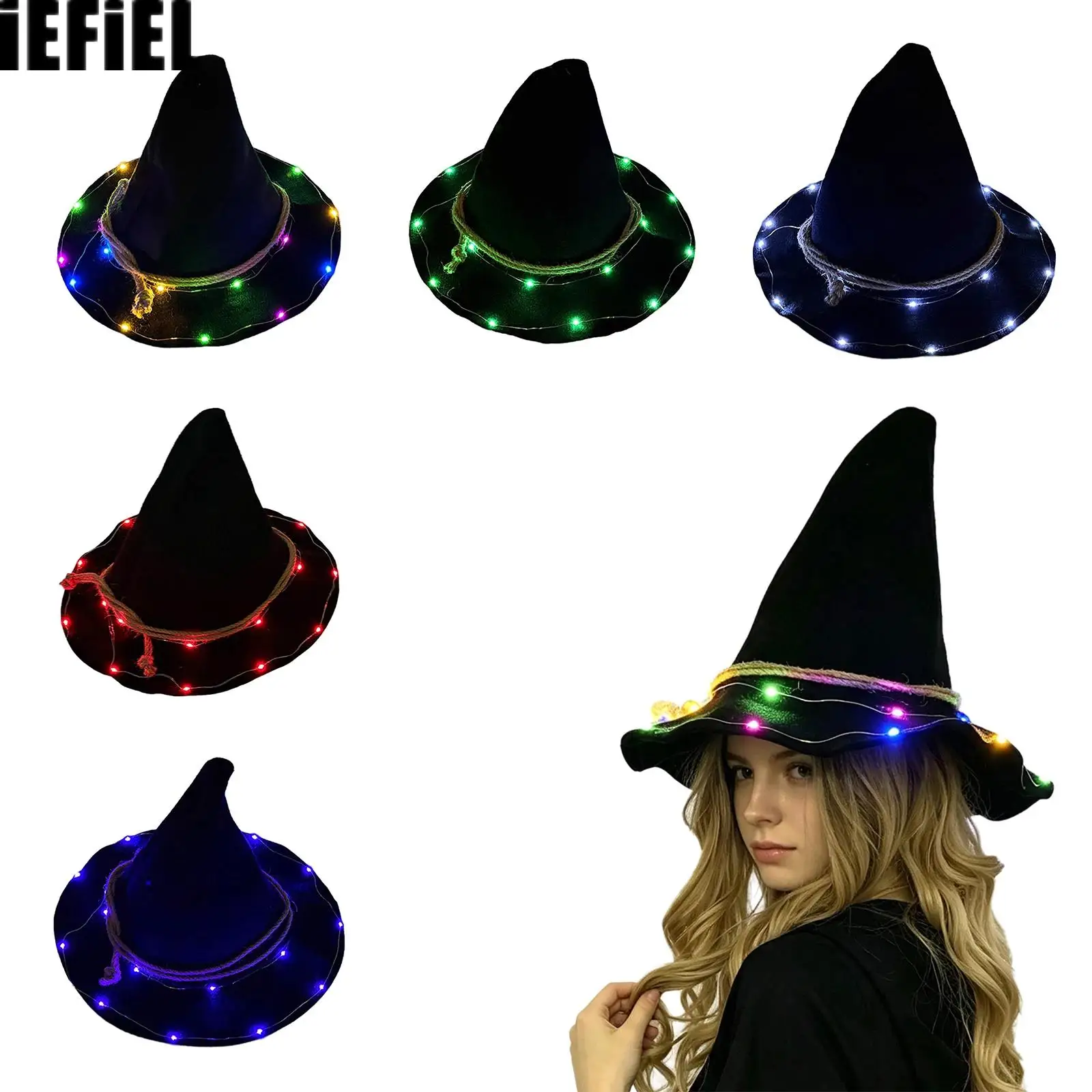 Sombrero puntiagudo de fieltro negro con LED brillante para hombre y mujer, ideal para cosplay de bruja o mago en Halloween, fiestas temáticas y actuaciones escénicas.