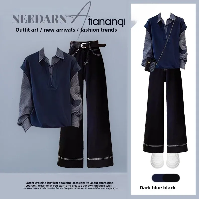 

Spring Faionable Women's College Sle Two-Piece Set Slimming Denim Jaet And Sweatirt Ensemble Sli And Retro