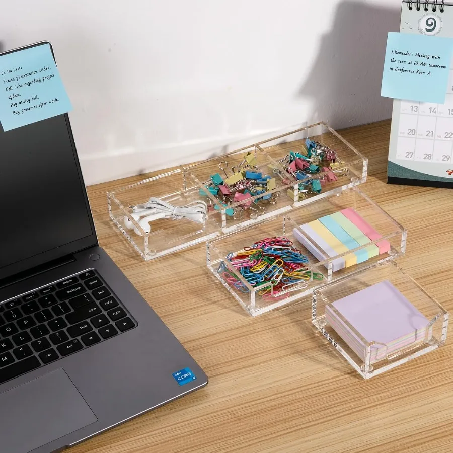 付箋ホルダー 3 in 1 クリアアクリル製 自己粘着メモパッドホルダー デスクオーガナイザー 学校 オフィス 家庭用 ポストイット ディスペンサー
