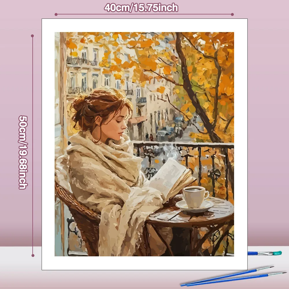 Huacan Oil Painting By Numbers Paint Autumn Balcony Young Woman Reading Book Coloring By Numbers Picture Art Handmade Gift