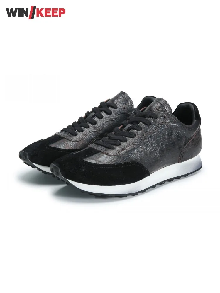 

Мужские дышащие кроссовки из натуральной кожи в британском стиле с крокодиловым зерном, кроссовки для бега на шнуровке, амортизирующая спортивная обувь для бега