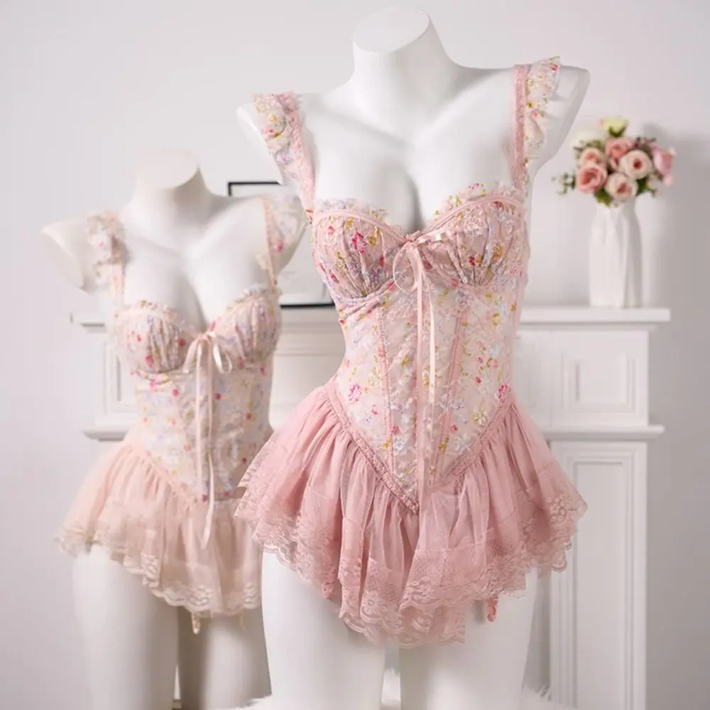 

Fashion Thin Sweet Lace Nightdress Beauty-back Lace-up Sleeveless Nightwear with Chest Pad Homewear Pajamas Women Sleep