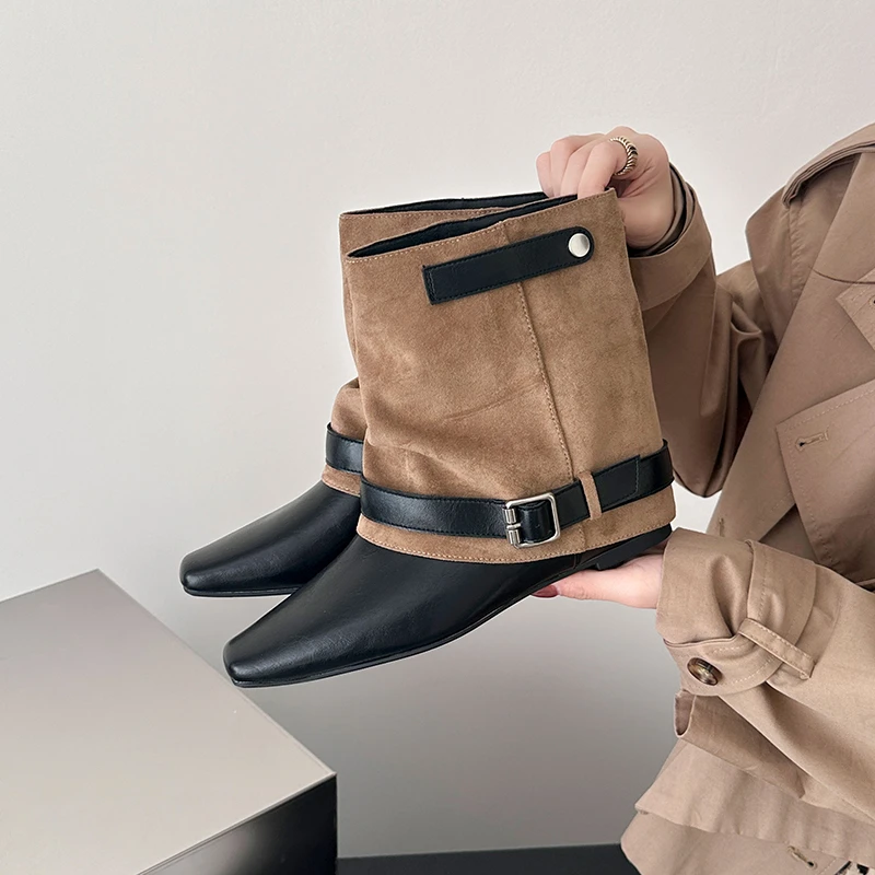 French-style Patchwork Pant-leg Slouch Boots for Women,2026 Autumn and Winter New Belt Buckle Square-toe Ankle Boots, Slim Boots