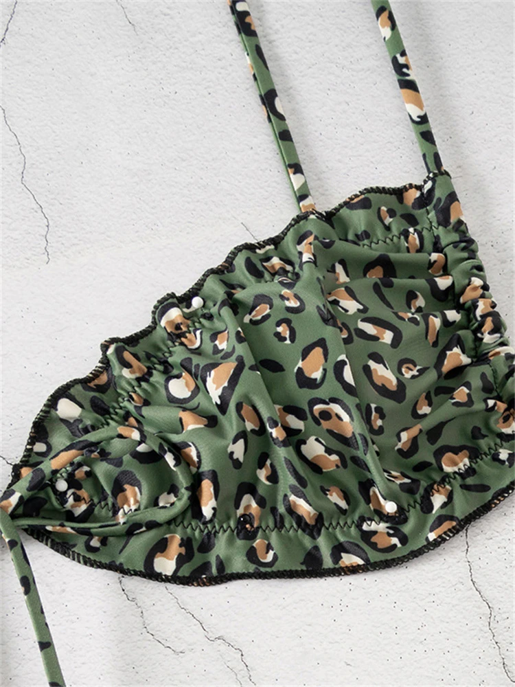 Strój kąpielowy damski Bikini 2024 New Green Leopard Ruffle Sling Bikini Set Sexy Lace Up Swimwear Summer Beachwear Strój kąpielowy damski