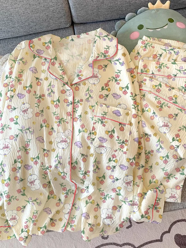 Sweet  Pleated Fabric Sleepwear Women's Cute Cartoon Long Sleeve Long Pants Floral Print Spring Autumn Home Clothes Set