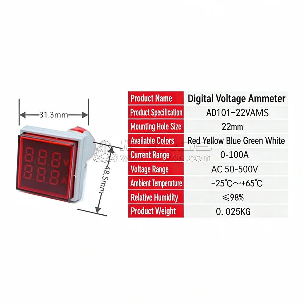 AD101-22VAMS LED Display Voltmeter 22mm Square Voltage Current Indicator Digital Dual Display Volt Voltage Tester Meter Parts