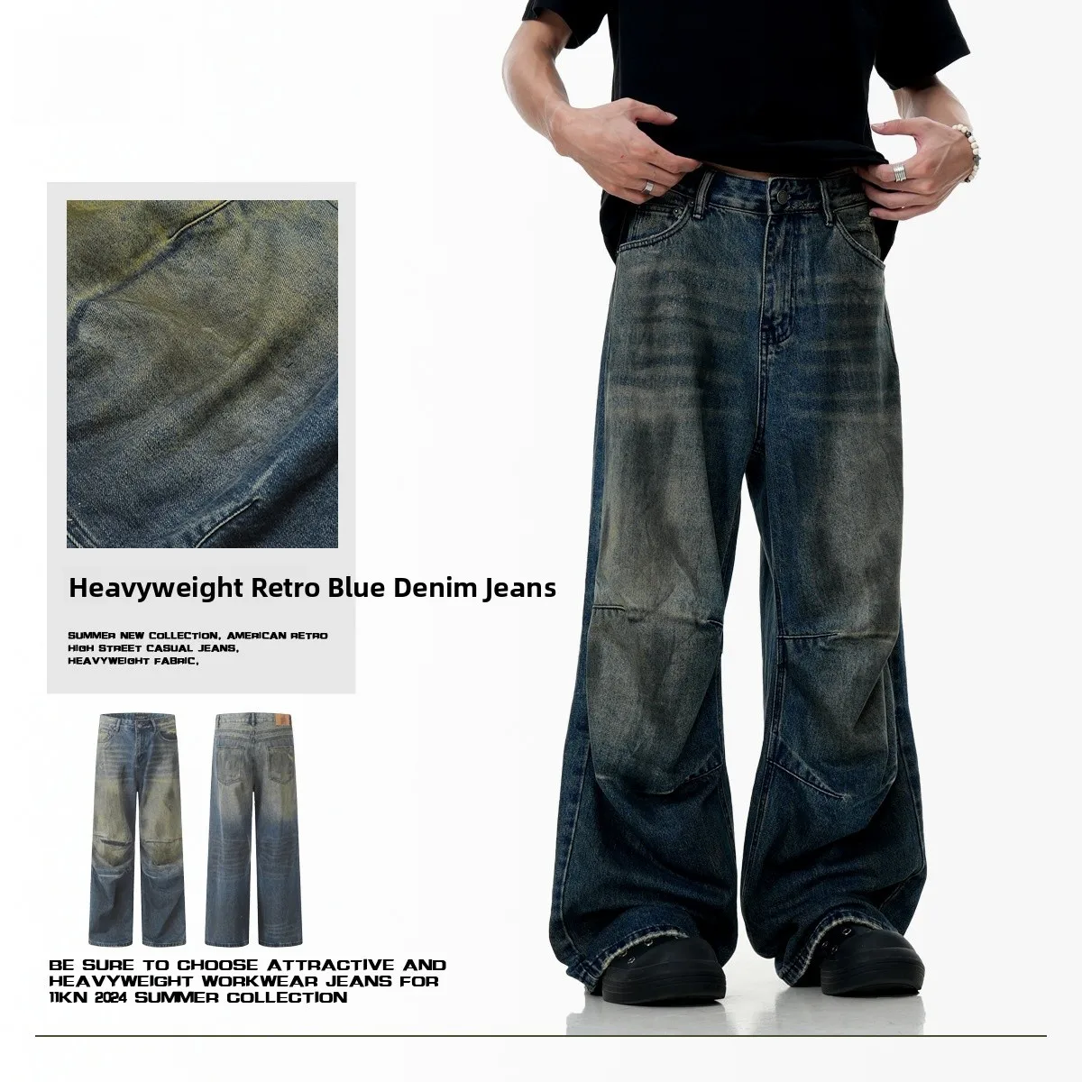 

American Retro Faded Design Sensation Loose Straight Leg Jeans Autumn Trendy Cotton Blend Long Pants Men's Casual Trousers