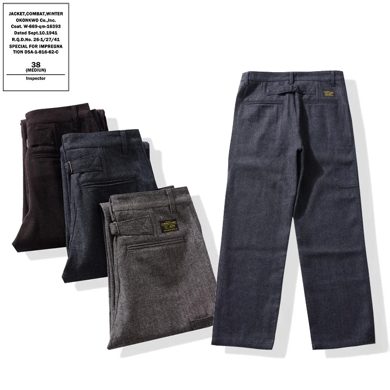 

Thiened Woolen Men's Casual Trousers with Multiple kets Busin Sle Long Pants Vintage Che Pattern Workwear