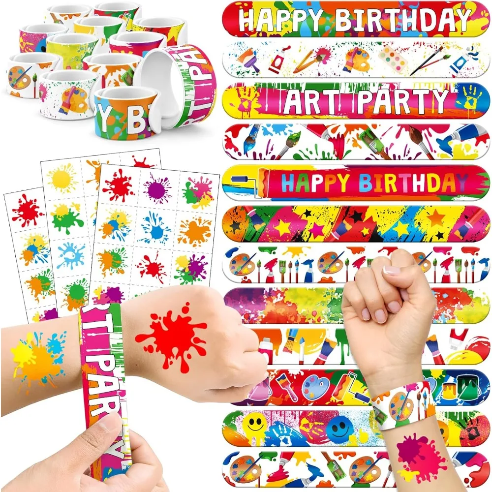 

60 PCS Art Party Favors Set - 36 Temporary Tattoos Sticker & 24 Slap Bracelets for Kids, Perfect for Birthday Parties, Classroom