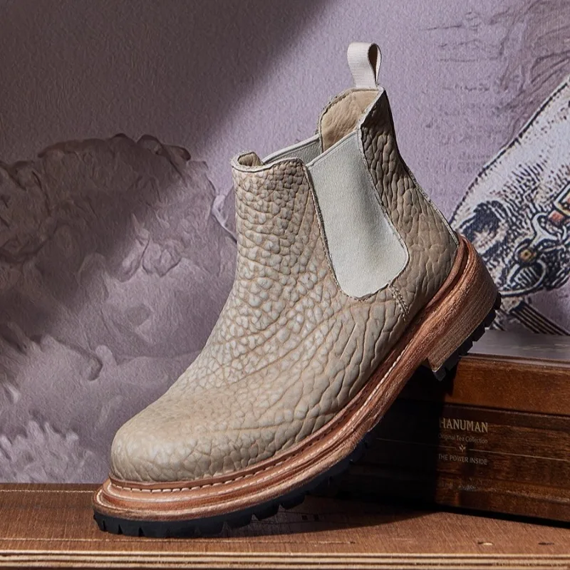 

British Style Genuine Leather Thick Sole Chelsea Boots Men's Shoes High Top Vintage Motorcycle Riding Desert Ankle Boots Male