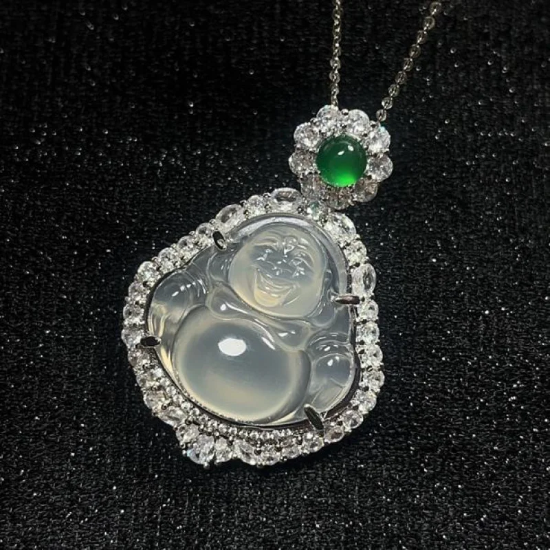 

Moonlight Jewelry White Chalcedony Agate Maitreya Buddha Pendant Necklace Clavicle Chain