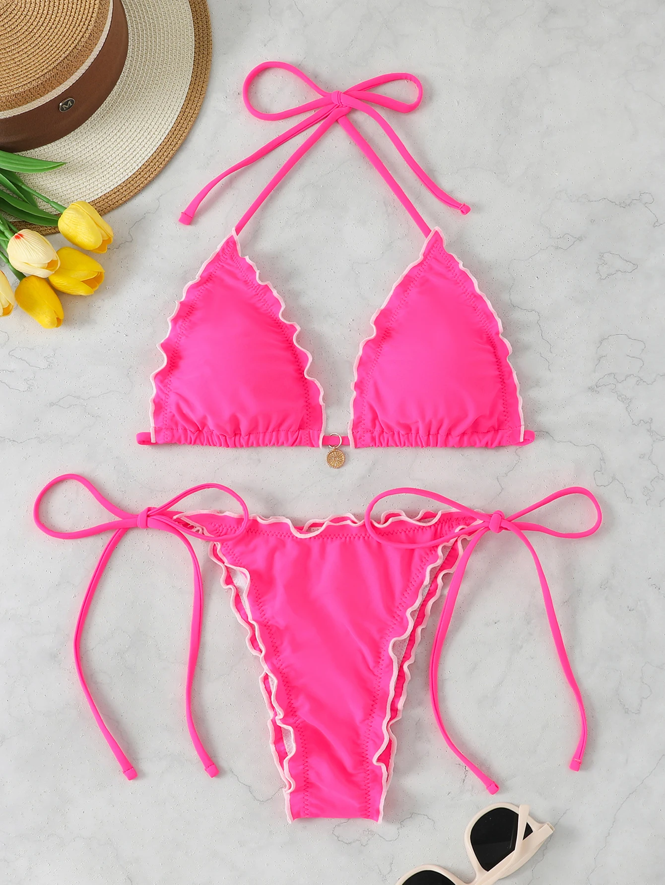 

Triangle Halter Thong Bikinis 2026 Women Sexy Ruffle Swimsuit Solid String Swimwear Female Bathers Bathing Swimming Swim Suit