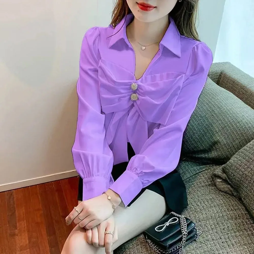 Korean Fashion V-neck Bubble Sleeve Shirt Women\'s Clothing White Blouses 2023 Ladies Tops Elegant Bow Chiffon Blusas De Mujer