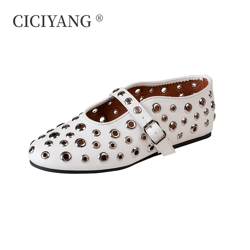 

CICIYANG French Cut-out Ballet Shoes Women 2024 Summer Flat Buckle Metal Casual Mary Jane Shoes Genuine Leather Ladies Sandals