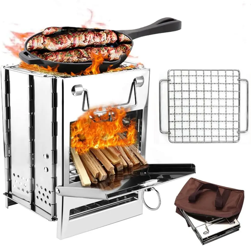 

Foldable Wood Burning Stove with Grill, Stainless Steel Camping Stove for Outdoor Cooking, Hiking & Picnic (Silver, Large)