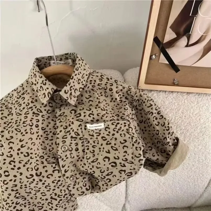 Spring Children's Shirt  Product Boys and Girls Leopard Pattern Shirt Baby Korean Edition Shirt New Coat Boys Cartoon Top