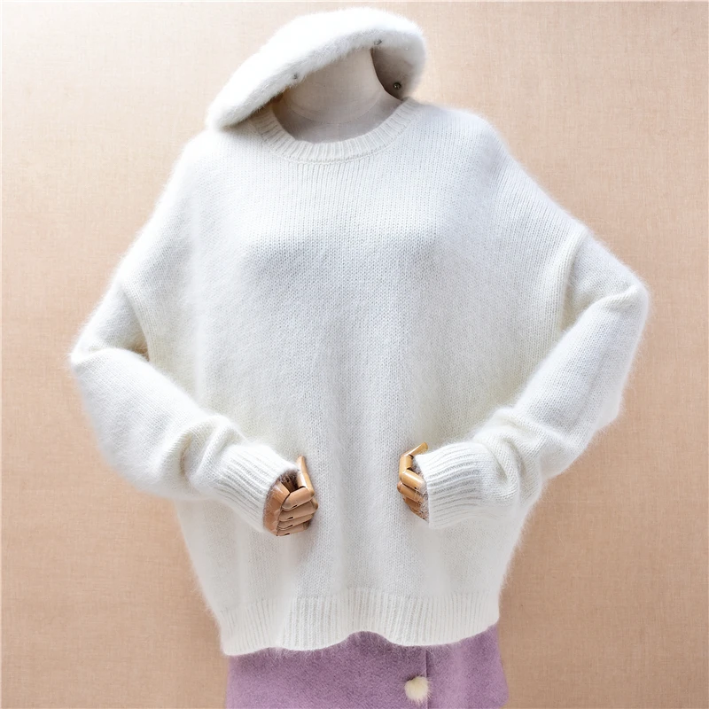 

Women Mujer Autumn Winter Clothing White Fashion Hairy Angora Rabbit Hair Knitted O-Neck Long Sleeves Loose Pullover Sweater Top