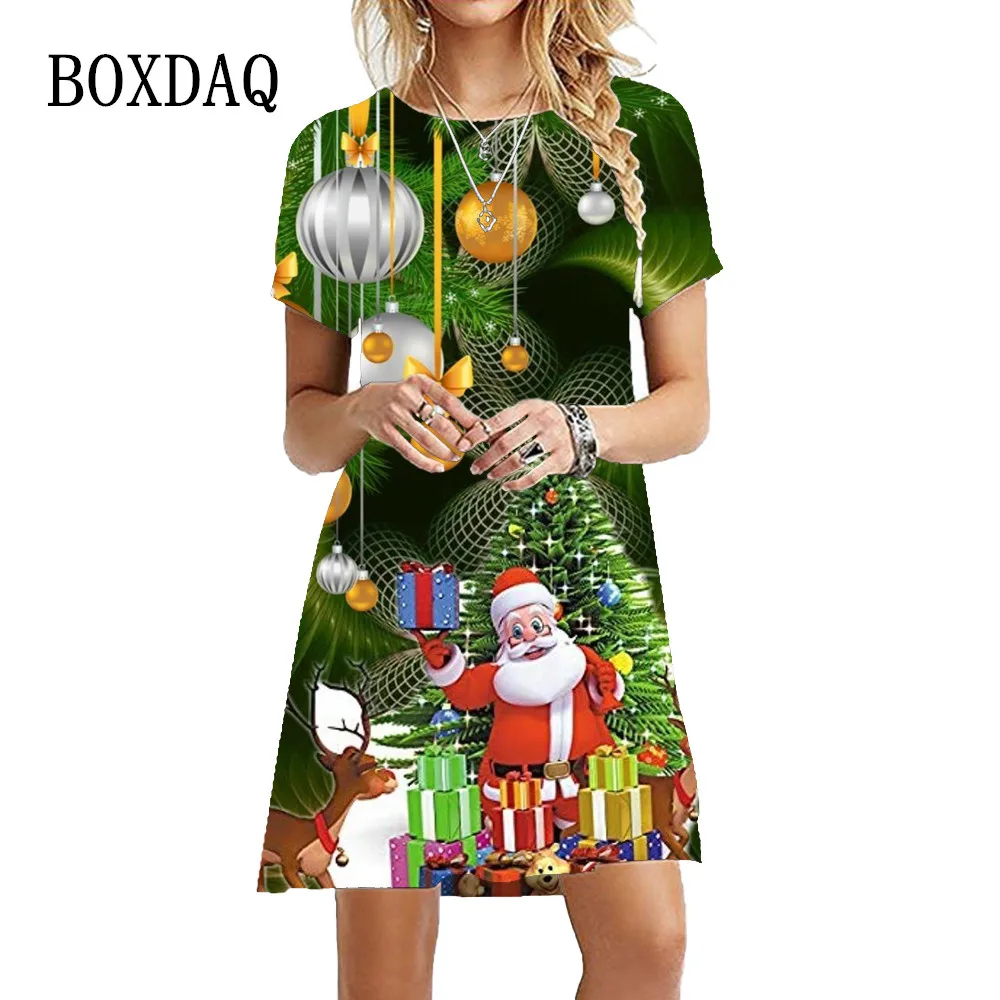 

Santa Claus Print Dresses For Women 2023 New Year Short Sleeve O-Neck Mini Dress Oversized Ladies Christmas Party Dress Vestidos