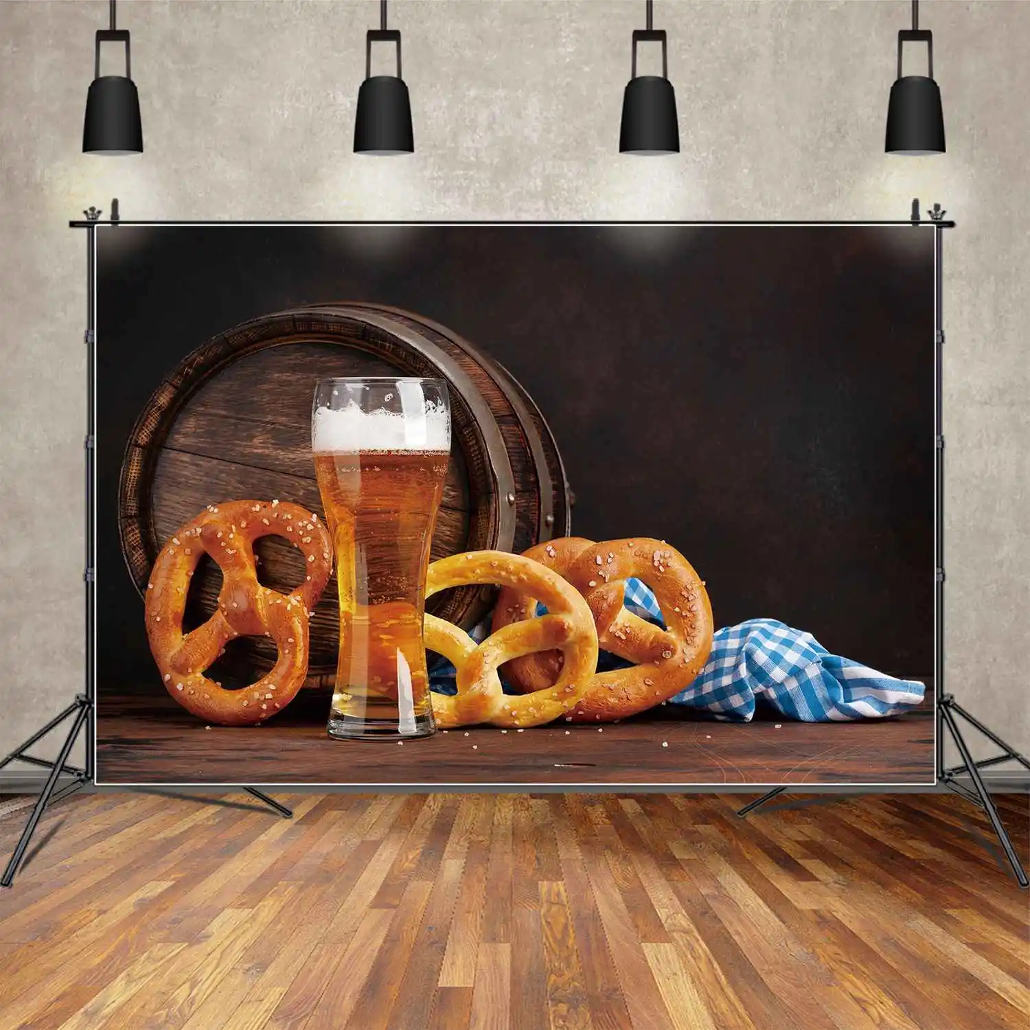 MOON.QG Backdrops Oktoberfest Beer Festival Party Props Backgrounds Bagel Wooden Plank Wall Blue Check Cloth Decor Photo Booth