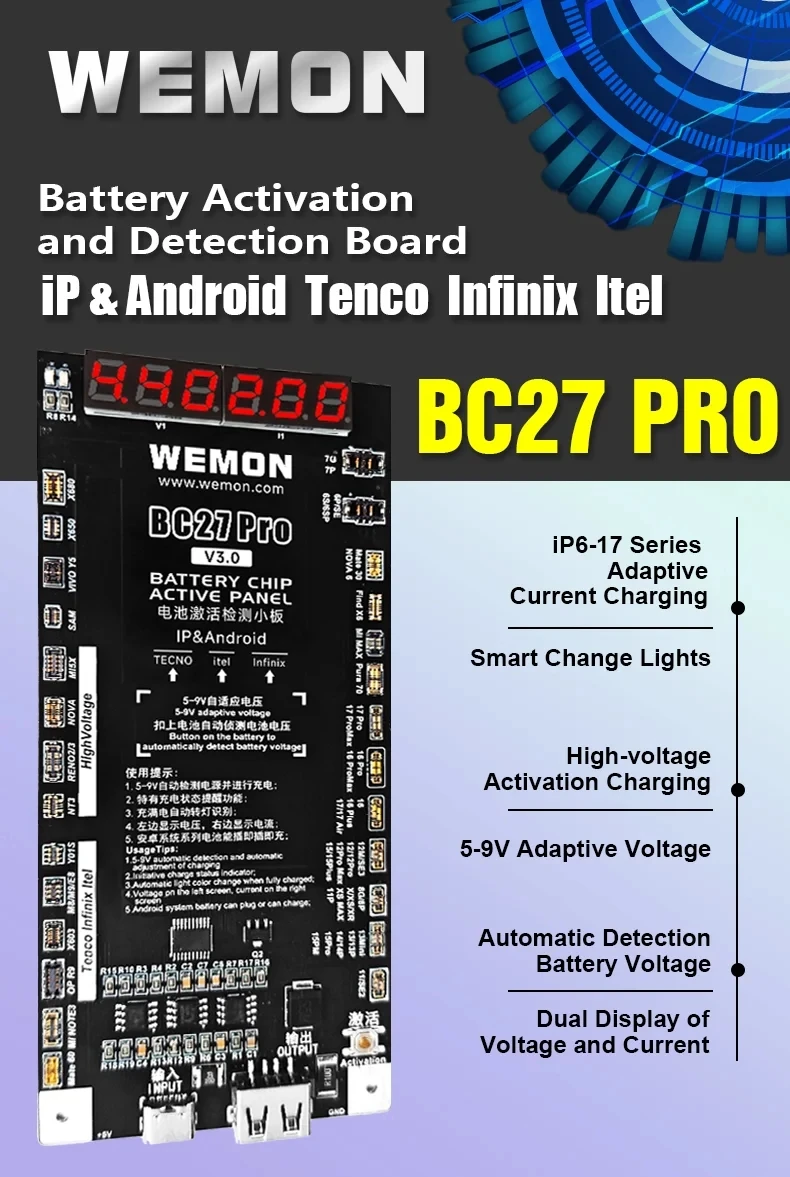 WEMON BC27/BC26 PRO Battery activation detection board For IPhone 6-17&400+Android models One click activation of battery tool