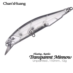 Chan’sHuang 20PCS Unpainted Blanks Bait 11cm/12g Transparent Floating Rattles Minnow DIY Handmade Artificial Fishing Lure Tackle