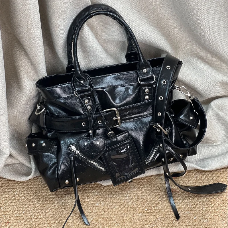 

Retro Studded Tote Bag Fashion Y2k Cool Motorcycle Bag Belt Buckle Pendant Shoulder Bag Black Punk Zipper Crossbody Bag Handbag