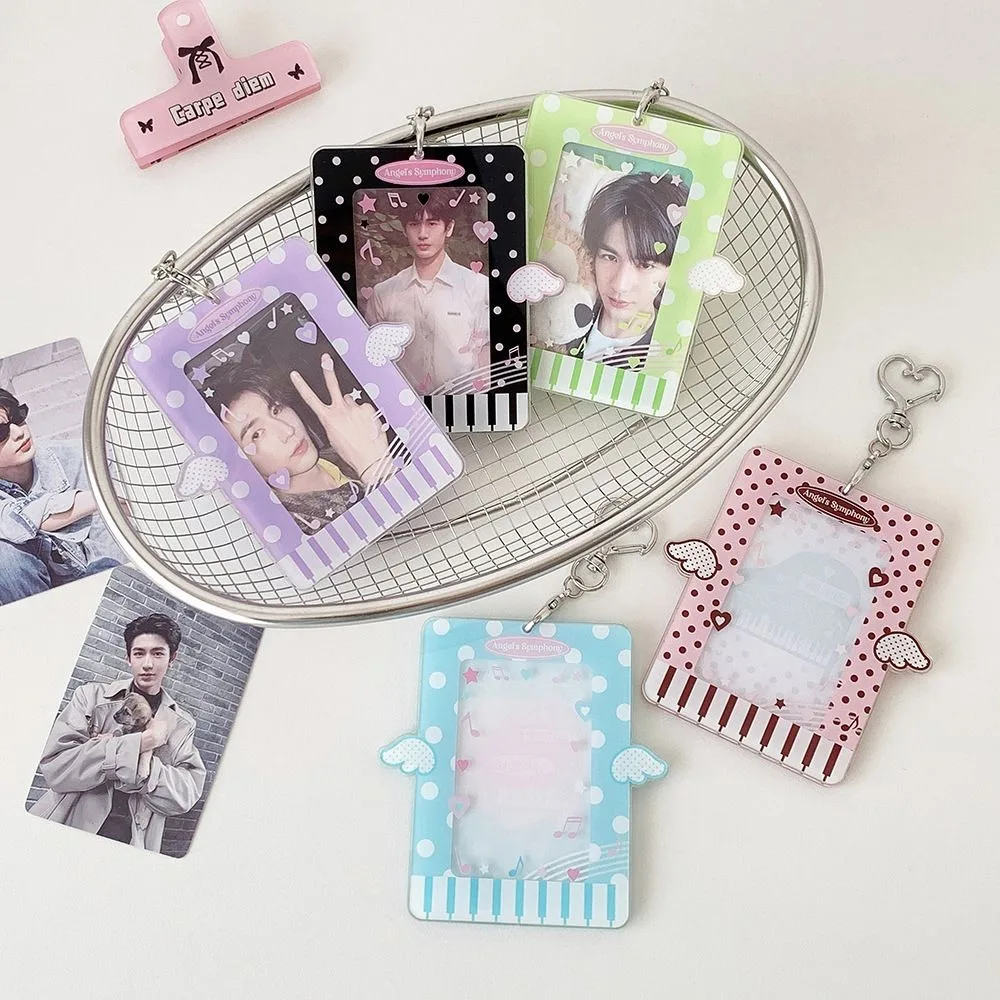 Acrylic Kpop Photocard Holder Keychain Cartoon Polka Dot Wings Card Holder 3 Inch Transparent Idol Card Display Protector