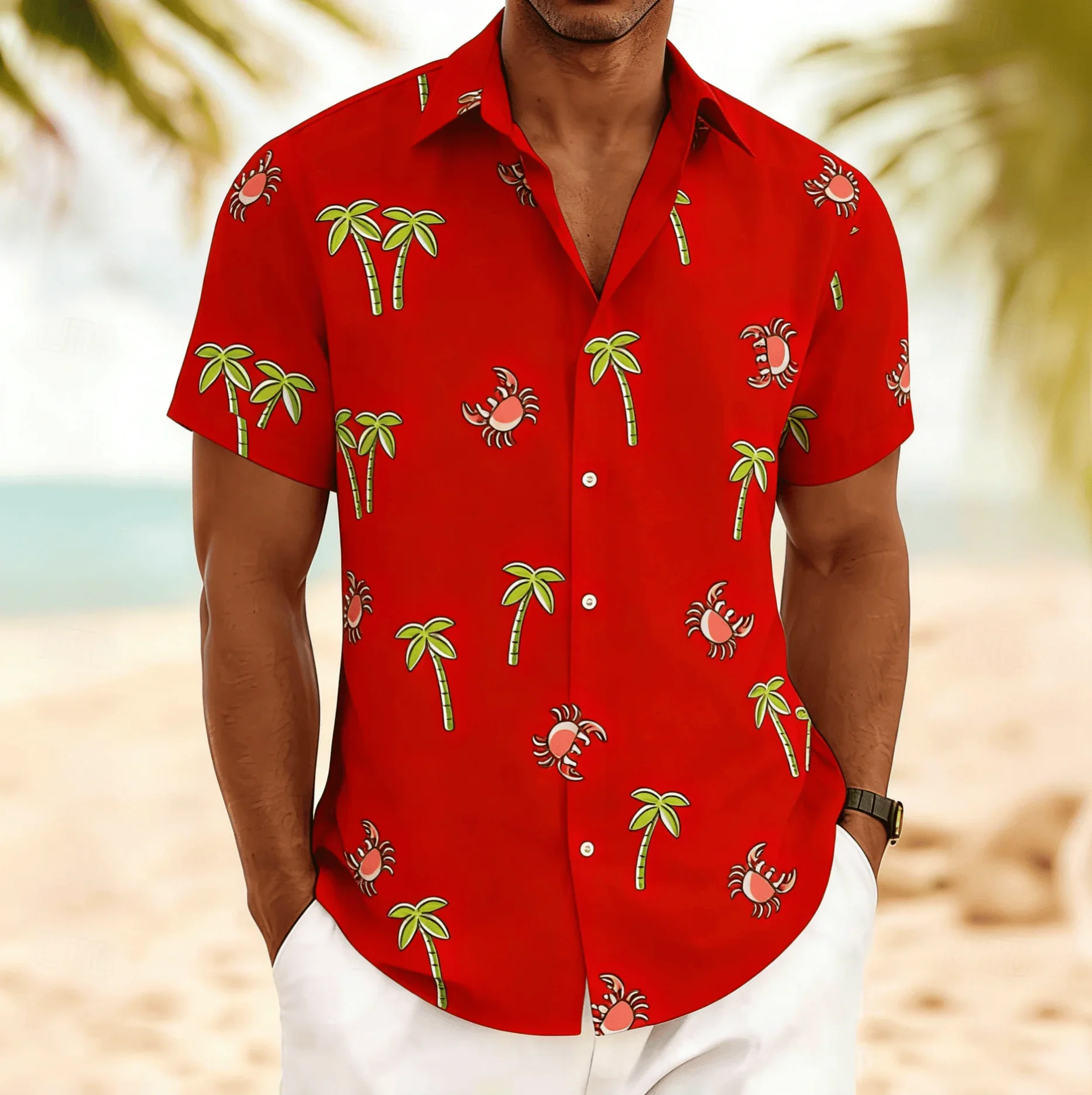 Men's Cartoon Crab & Palm Tree Print Short Sleeve Shirt, Spring Summer Fun Ocean Hawaiian Vacation Blouse, Loose Casual Top
