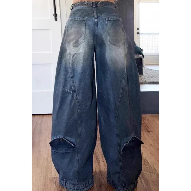 

Y2K Women Loose Denim Jeans Asymmetric Button Pocket Washed Jean Casual Harajuku High Street Grunge Denim Trouders Pants