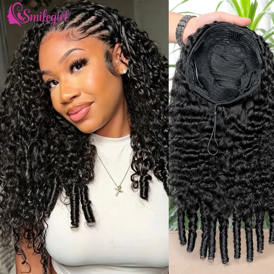 

30 38 Inch Burmese Curly Hair Half Wigs Wear and Go With Drawstring Flip Over Glueless Deep Wave Human Hair Wigs Brazilian 3 IN 1 Curly Half Wig Black