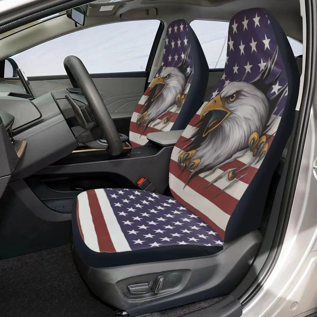 2pcs Vintage American Flag Car Seat Covers With Eagle Design - High Back Stretch Fit For Front Seats, Polyester Protection, Patr