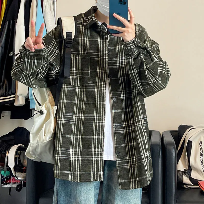 Autumn Winter Men\'s Chenille Plaid Shirts Oversized Casual Thick Overshirt Check Single Pocket Long Sleeve Blouse Boy Student