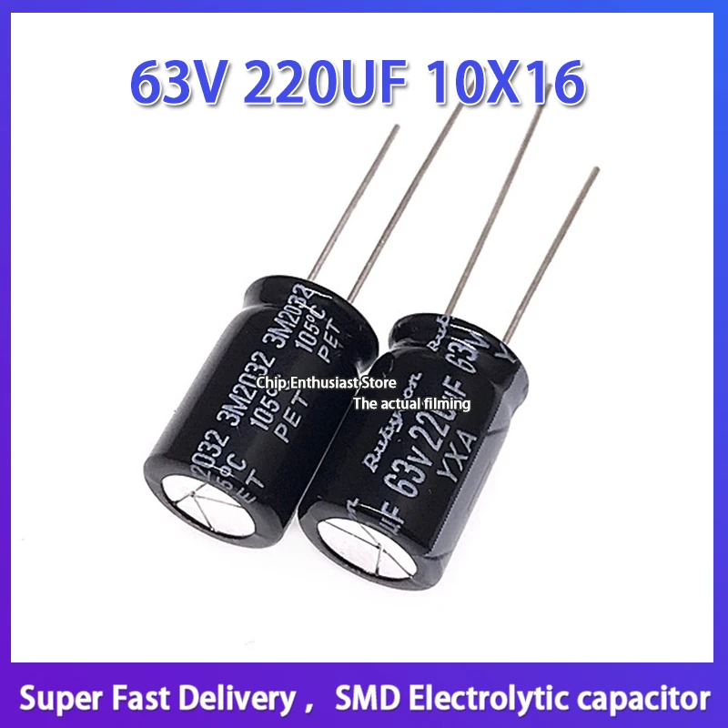 10 pces 63v 220uf 10x16 rubycon importado alumínio capacitor eletrolítico 63v 220uf 10*16