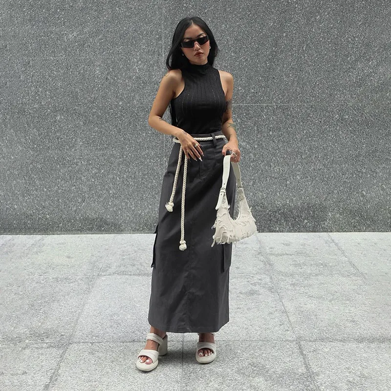 

Fashion Skirt Women Summer New Streetwear Pockets Sexy Mid-Calf Skirt Button Casual Solid Party Elegant High Waist Grey Skirt